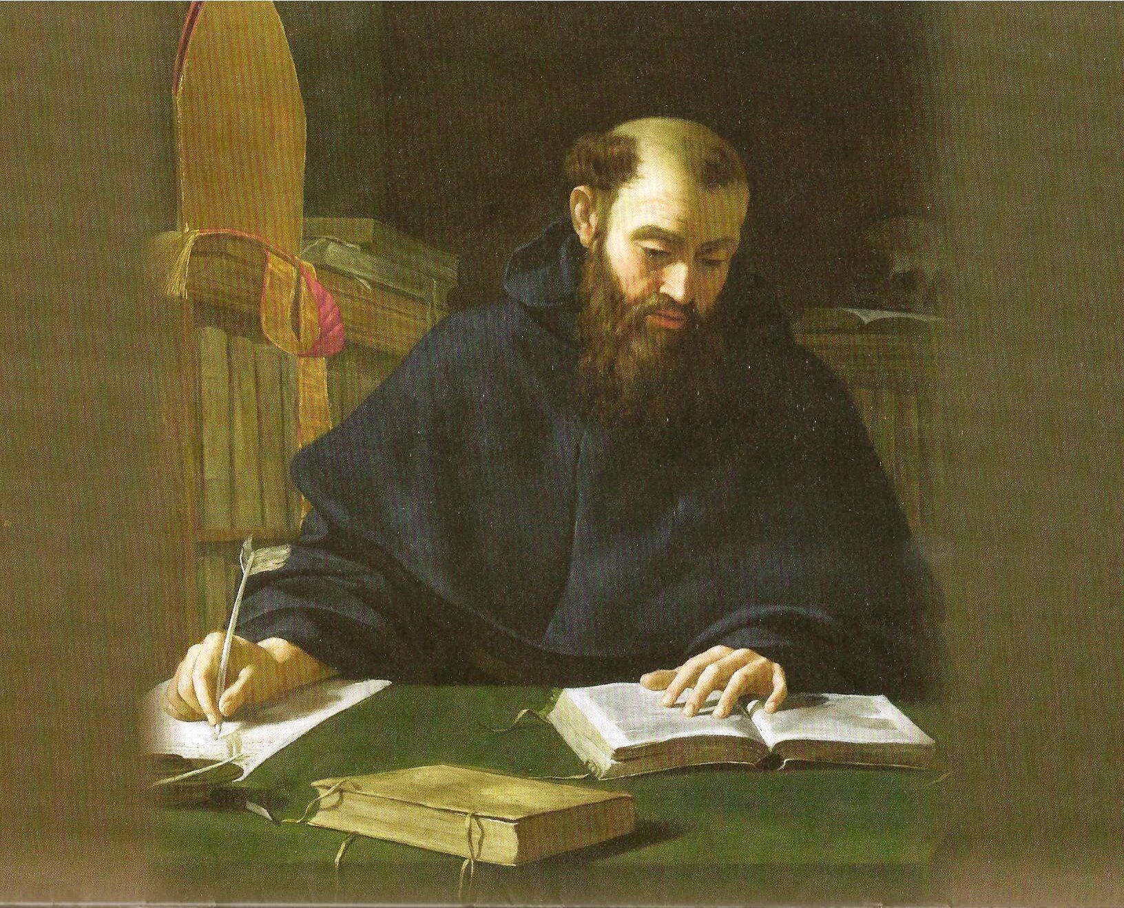 Painting of St. Augustine reading a book while writing