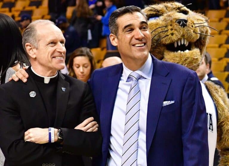 Father Rob Hagan, 53, chaplain of Villanova University's basketball team, is pictured with head coach Jay Wright.